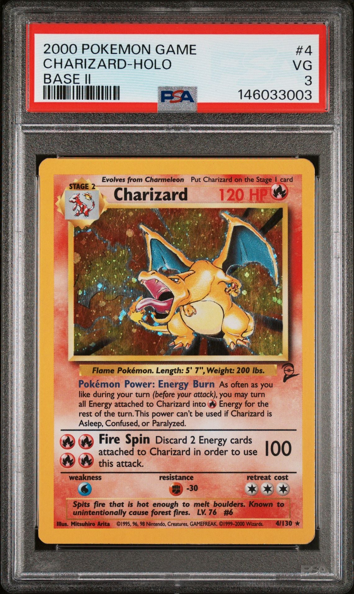 Charizard Base Set 2 #4 Holo PSA 3 Very Good - iconische vintage Charizard slab voorkant